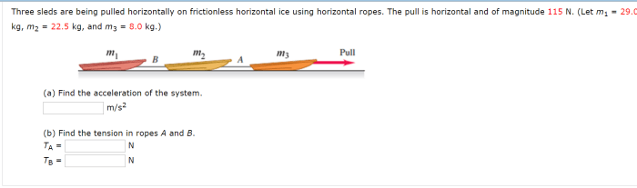 Three sleds are being pulled horizontally